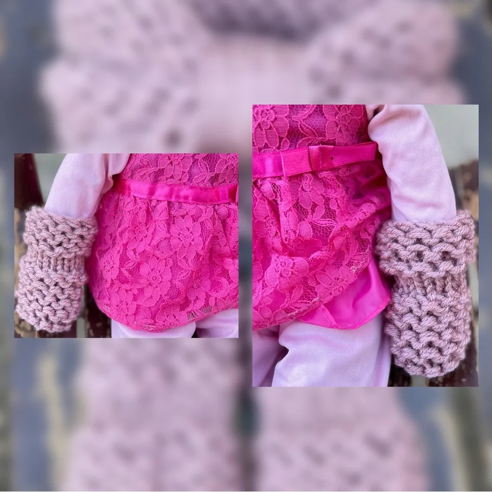 Hand Crafted Knit Baby Headband and Mittens set 0-3 months Sparkly Rose